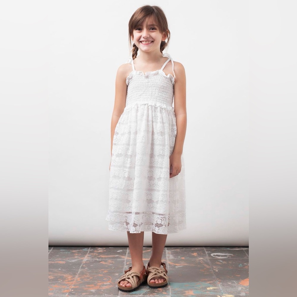 Tocoto Vintage's Lace Midi Girls Dress in White | size 2Y